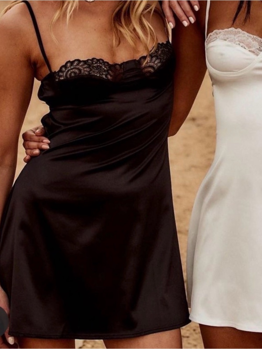12th Tribe -Silky Lace-Trim Slip Dress - Black by